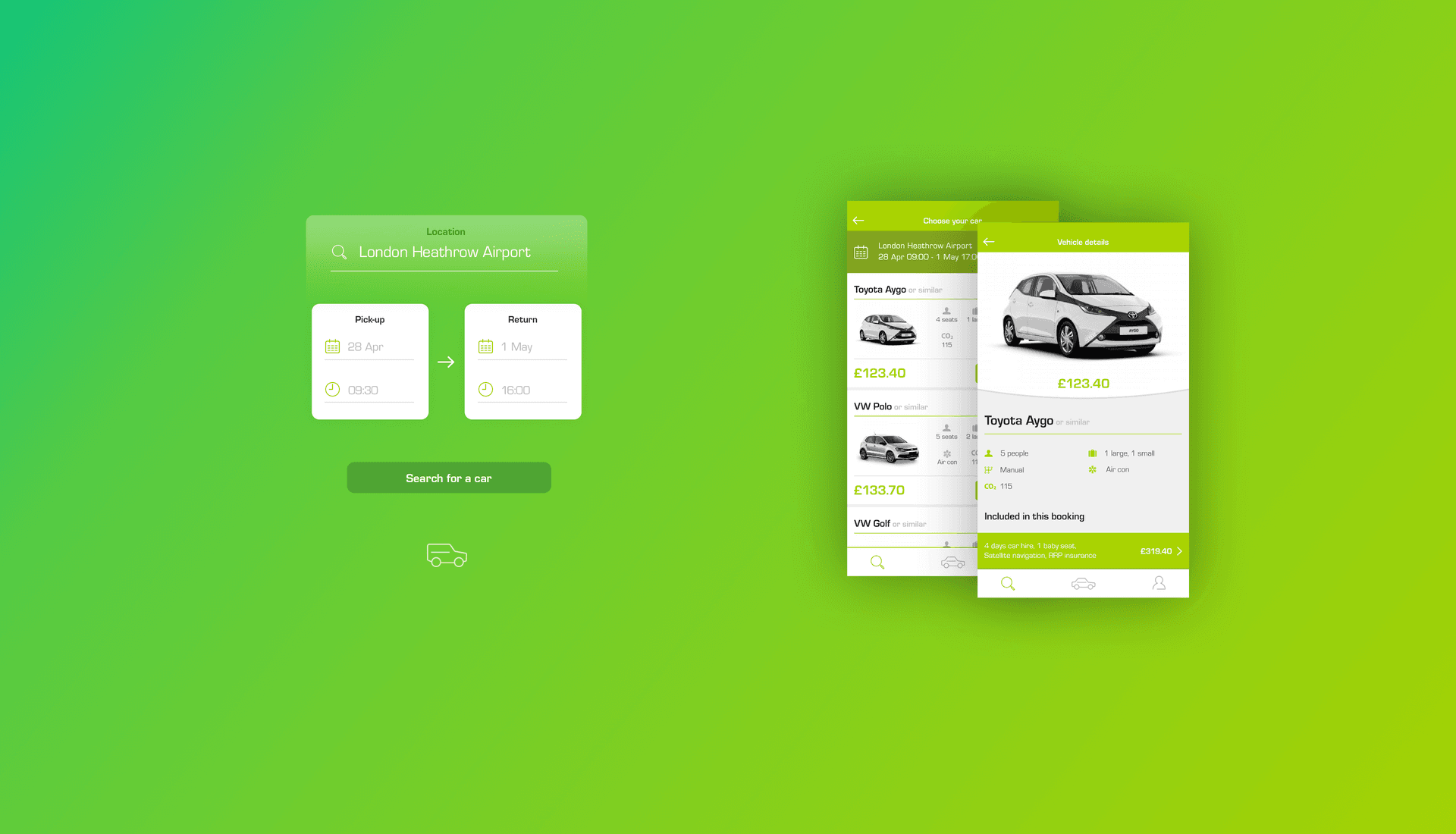 Green Motion app screen designs