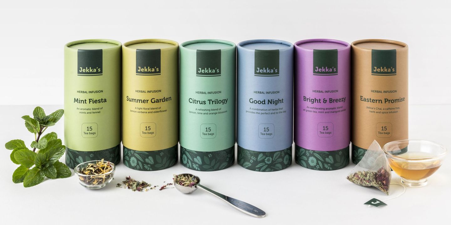 Jekka's herbal infusion tea packaging