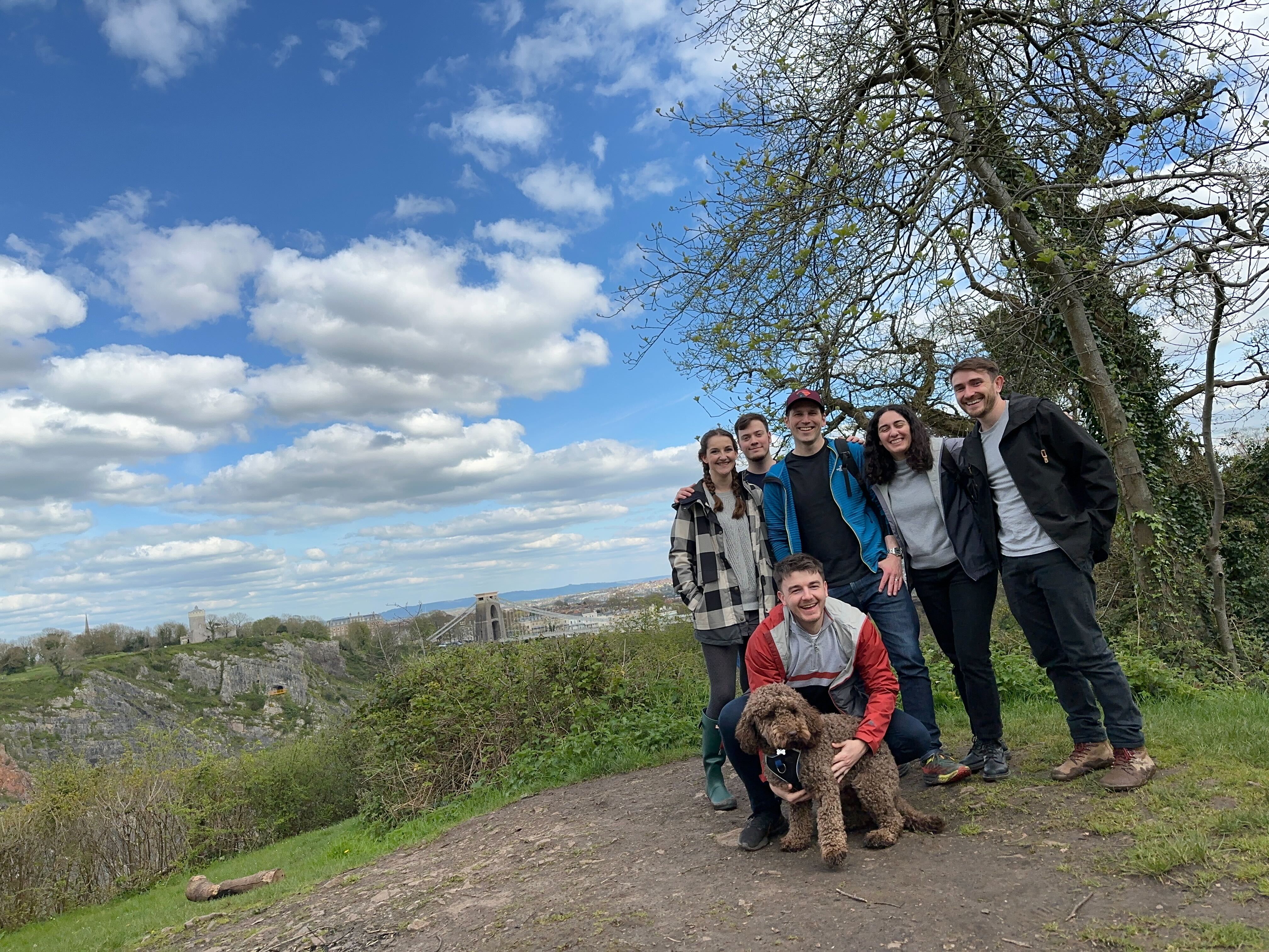 The team posing on a walk in front of Clifton Suspension Bridge