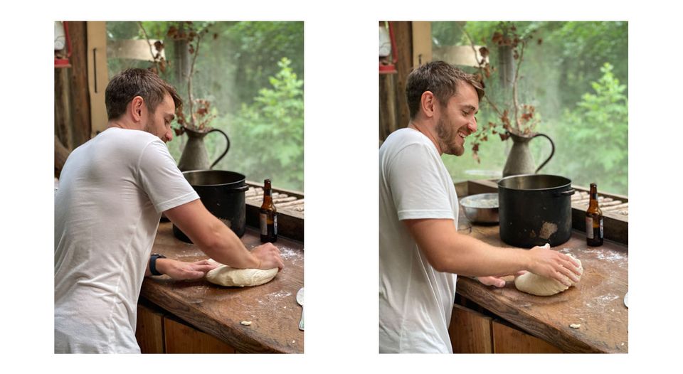 Sam rolling pizza dough